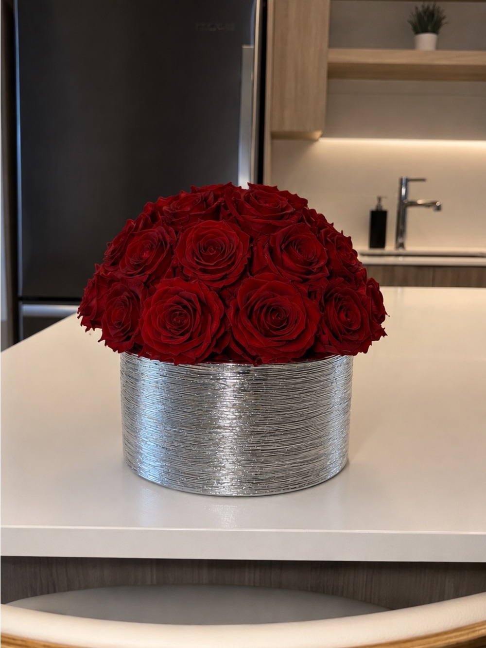 Elegant Red Rose Floral Arrangement in Silver Vase - Home Accents